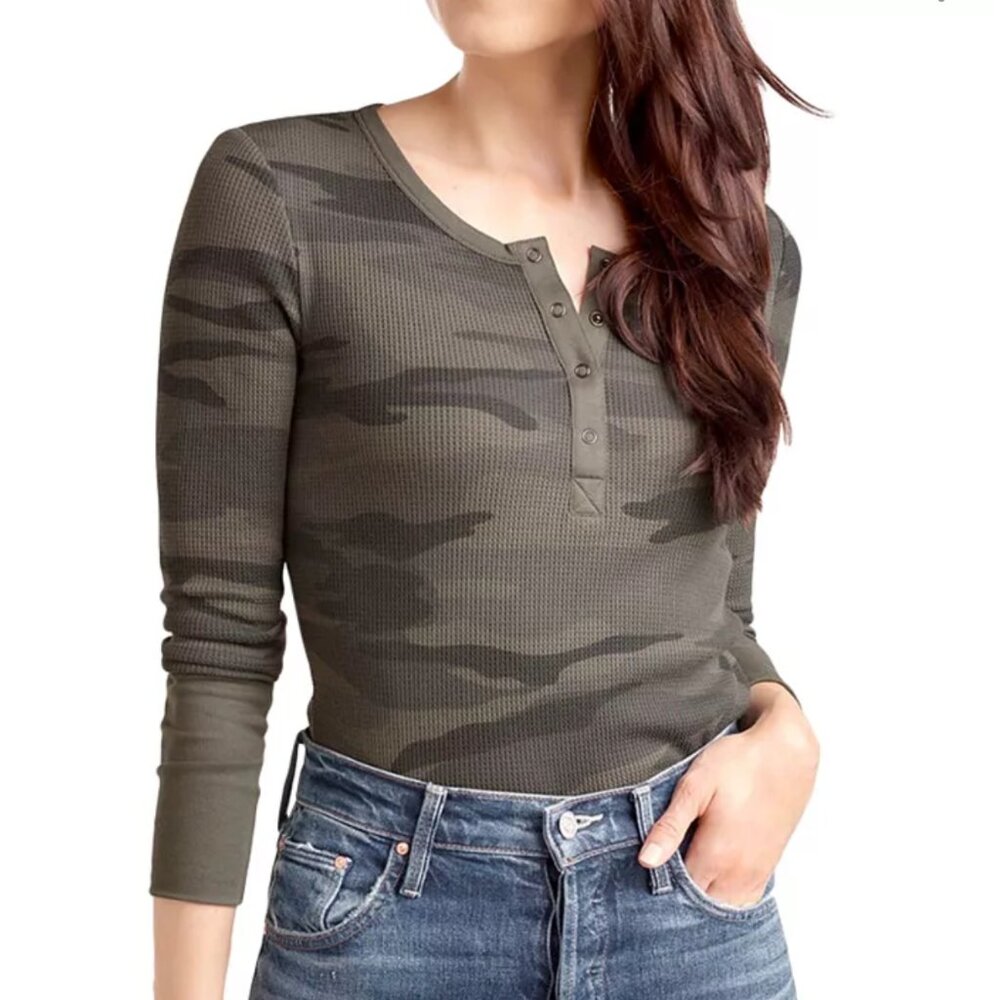NWT Splendid Waffle Knit Long Sleeve Thermal Camo Henley Green Various Sizes - Picture 1 of 8